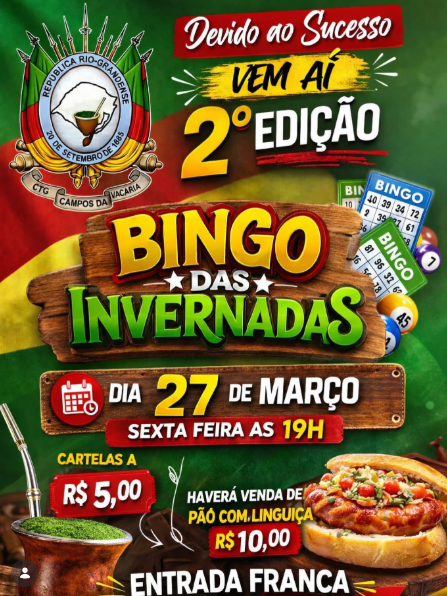 CTG. Campos da Vacaria realiza nesta sexta-feira 27 o Bingo das invernadas.
